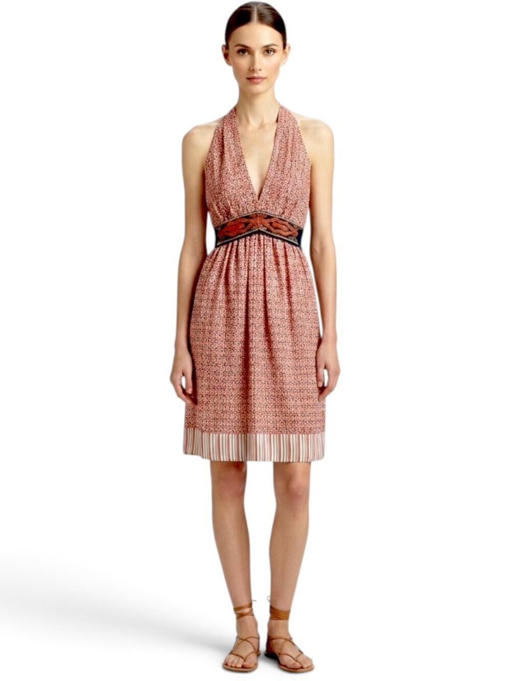 Rozae Nichols Silk Red White Blue Halter Empire Beaded Belted Boho Dress P